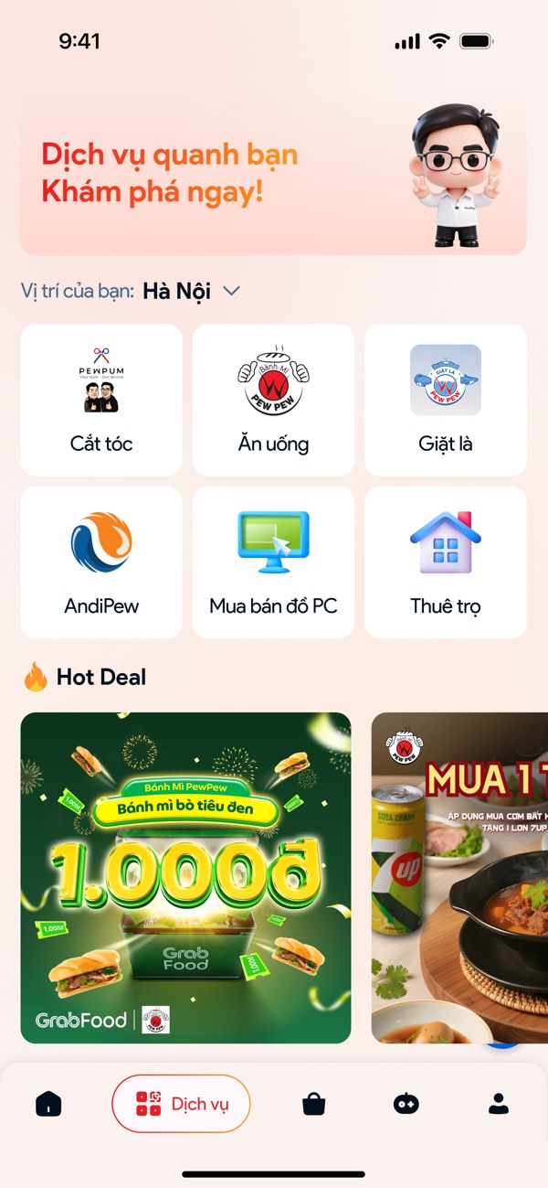 PewPew App: Dịch vụ quanh bạn, gồm cắt tóc, ăn uống, giặt là, thuê trọ và Hot Deal